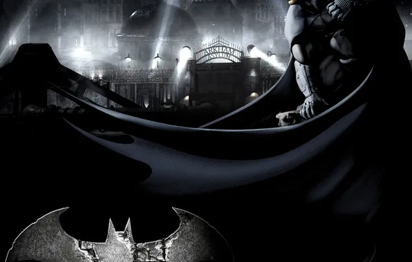 Night, the city, batman, logo, cloak, floodlights, arkham city