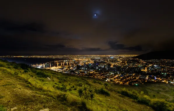 Greens, grass, mountains, night, the city, lights, hills, panorama