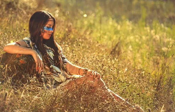 Summer, grass, girl, nature, face, paint