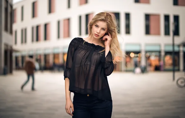 Girl, city, portrait, jeans, transparent, Mike, blonde, bra
