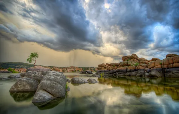 The sky, clouds, trees, lake, rocks