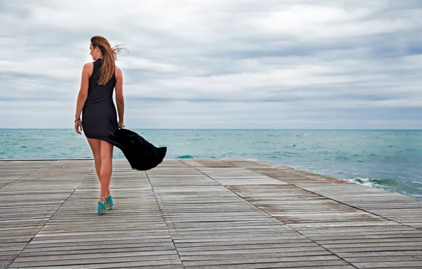 Picture sea, girl, the wind, hair, back, shoes, heels, black dress