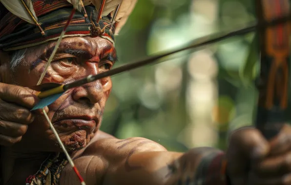 Feathers, Warrior, Bow, Maya, Male, Arrow, Digital art, Closeup
