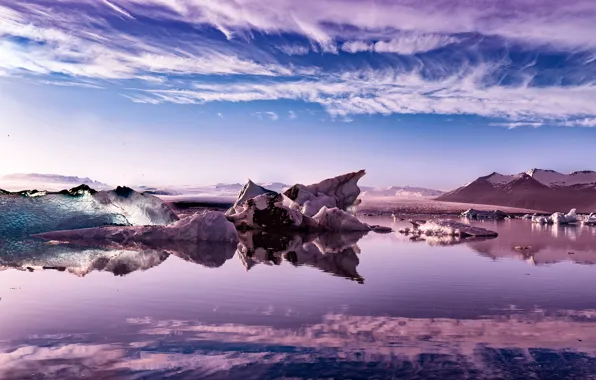 Ice, the sky, clouds, mountains, reflection, shore, ice, Iceland