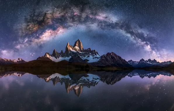 Dreams, mountains, night, lake, space, galaxy, the milky way, the reflection in the water