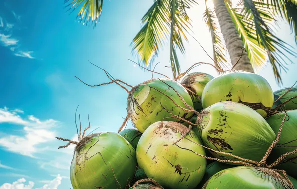 The sky, clouds, tropics, blue, palm trees, coconut, fruit, green