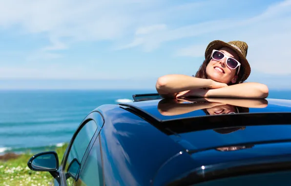 Sea, the sky, girl, the sun, pose, smile, mood, shore