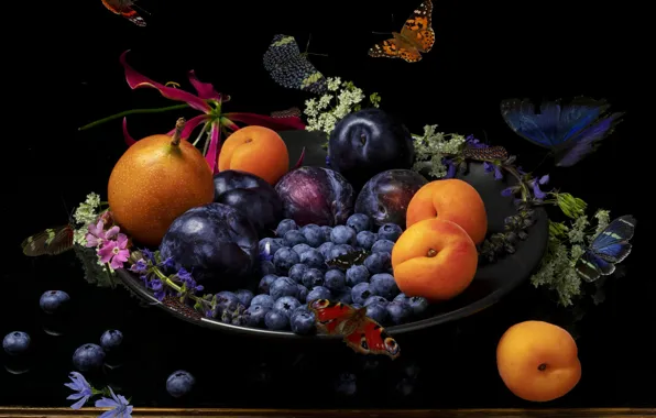 Blueberries, black background, still life, plum, apricots