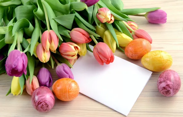 Picture flowers, holiday, eggs, Easter, tulips, card, Easter, eggs