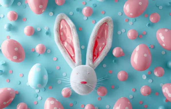 Holiday, toy, eggs, rabbit, Easter, ears, blue background, AI art