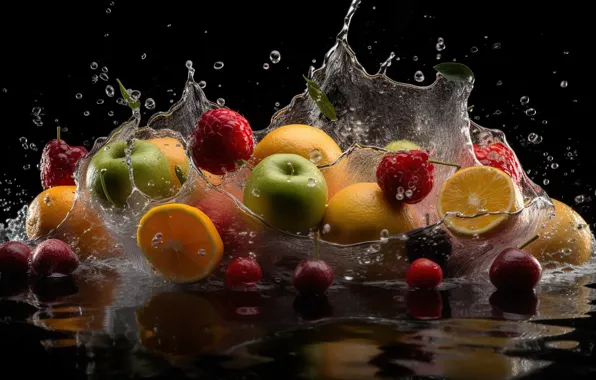 Water, berries, splash, fruit, digital art, AI art, neural network, the art of artificial intelligence