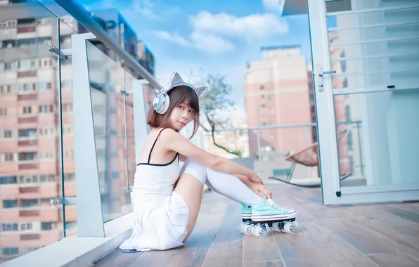 Asian, women, skirt, roller skates, knee-highs