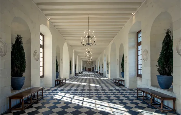 France, corridor, gallery, The Castle Of Chenonceau