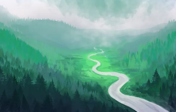 Forest, river, hills, art, tree, painted landscape