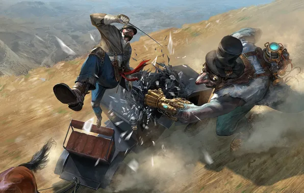 Road, fragments, weapons, movement, horse, horse, hat, art