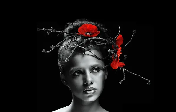 BACKGROUND, BLACK, FLOWERS, BRANCHES, FACE, MAKEUP, HAIRSTYLE, PORTRAIT