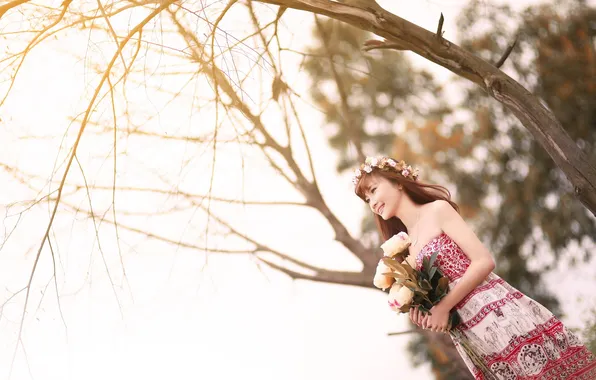 Girl, flowers, mood, Asian