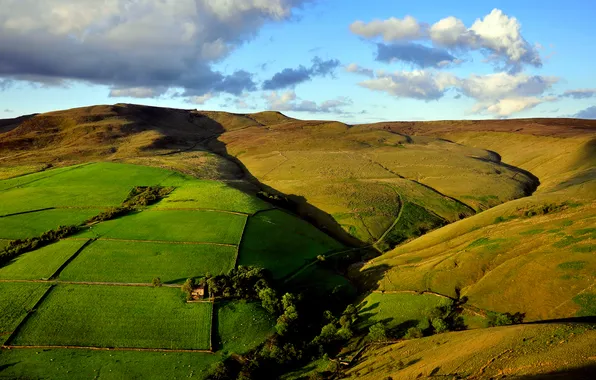 Field, the sky, hills