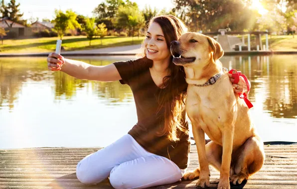 Face, girl, the sun, trees, pose, smile, pond, dog