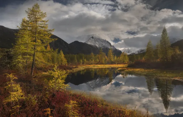 Autumn, forest, the sky, clouds, mountains, clouds, lake, reflection