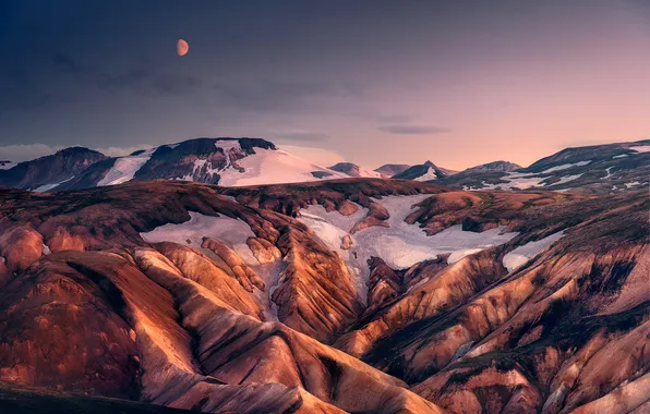 Winter, snow, mountains, rocks, the moon, the slopes, relief