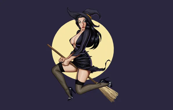 Picture the moon, witch, broom, Halloween