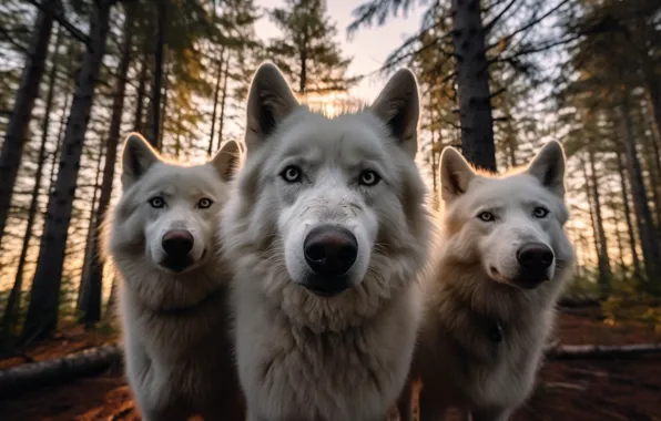 Forest, white, look, face, trees, nature, pose, wolf