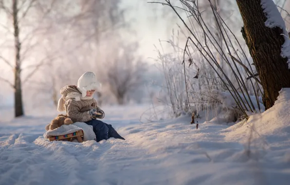 Picture winter, snow, boy, sled