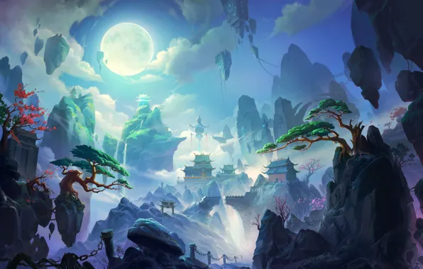 The sky, landscape, mountains, city, the city, castle, fiction, rocks