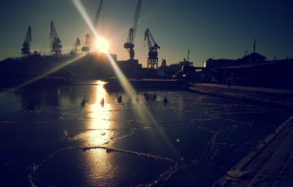 Sunset, Winter, Port, Crane