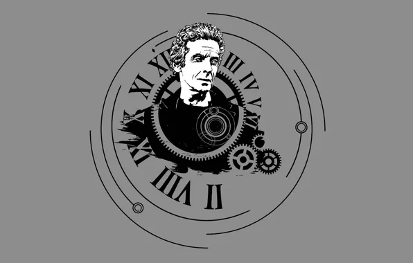 Picture watch, art, black and white, male, dial, gear, grey background, Doctor Who