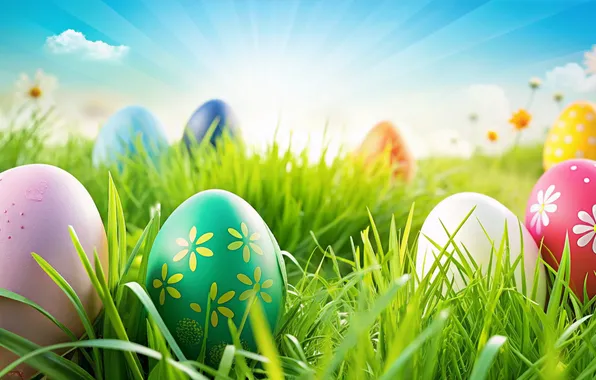 Flowers, eggs, spring, colorful, Easter, happy, flowers, spring