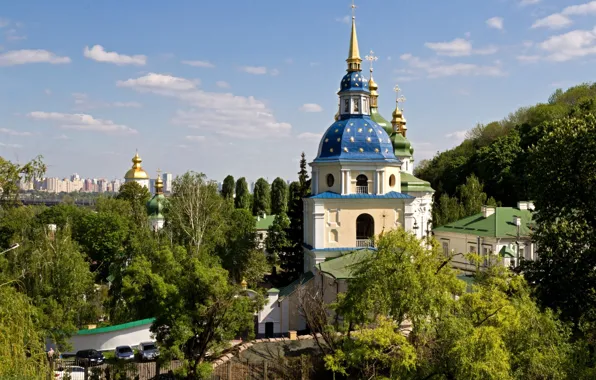 The sky, clouds, trees, home, Ukraine, Kiev, Vydubychi monastery