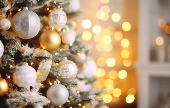 Decoration, background, balls, tree, New Year, Christmas, golden, new year