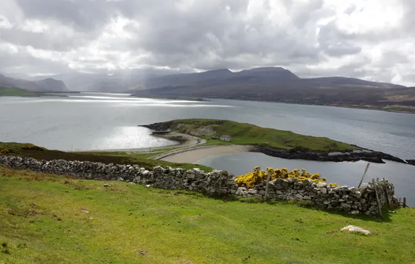 Road, sea, the sky, grass, clouds, mountains, clouds, fog