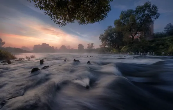 Picture summer, trees, landscape, nature, house, river, stones, dawn