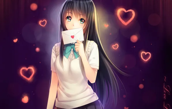 Letter, girl, anime, art, hearts, schoolgirl, tidsean, forms