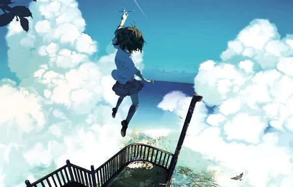 Picture the sky, girl, clouds, the city, the plane, jump, bird, height