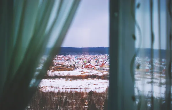 Picture winter, street, home, window, curtains, blinds