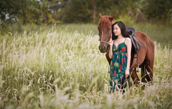 Girl, nature, horse, walk, Asian