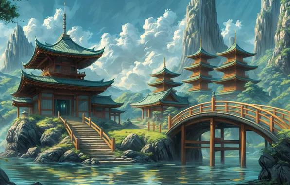 Clouds, mountains, bridge, river, beauty, architecture, digital art, Japanese landscape