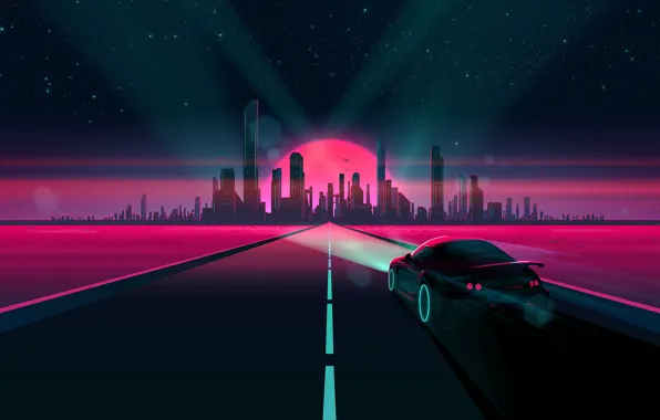 Sunset, The sun, Auto, Road, Music, The city, Stars, Machine