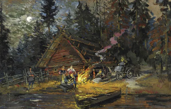 Landscape, boat, picture, hut, Konstantin Korovin, Songs around the Campfire