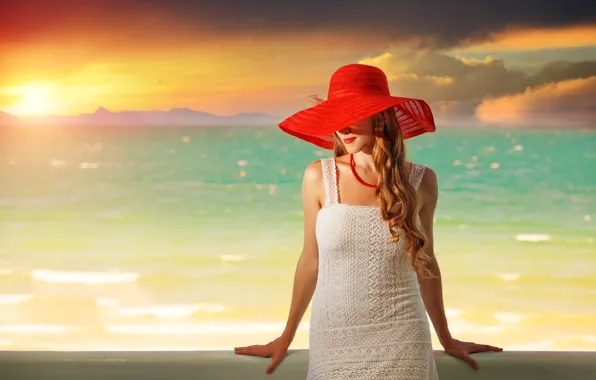 Picture sea, sunset, model, hat, dress