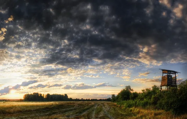 Road, clouds, Field, tower