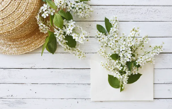 Flowers, hat, white, white, wood, flowers, spring