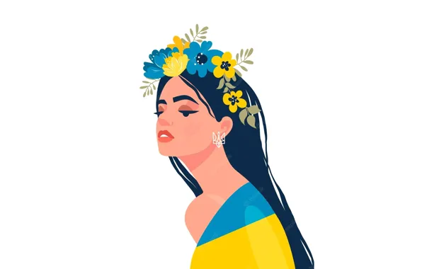 Girl, flowers, flag, art, white background, Ukrainian, wreath, trident