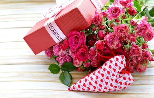 Box, gift, roses, love, bow, heart, pink, flowers