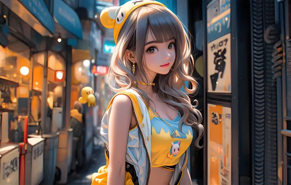 Long hair, women, digital art, earring, looking at viewer, hoods, choker, AI art
