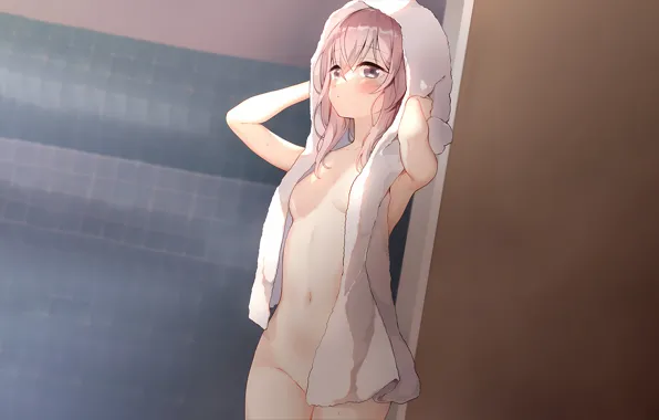 Girl, sexy, pink hair, long hair, boobs, anime, beautiful, bath